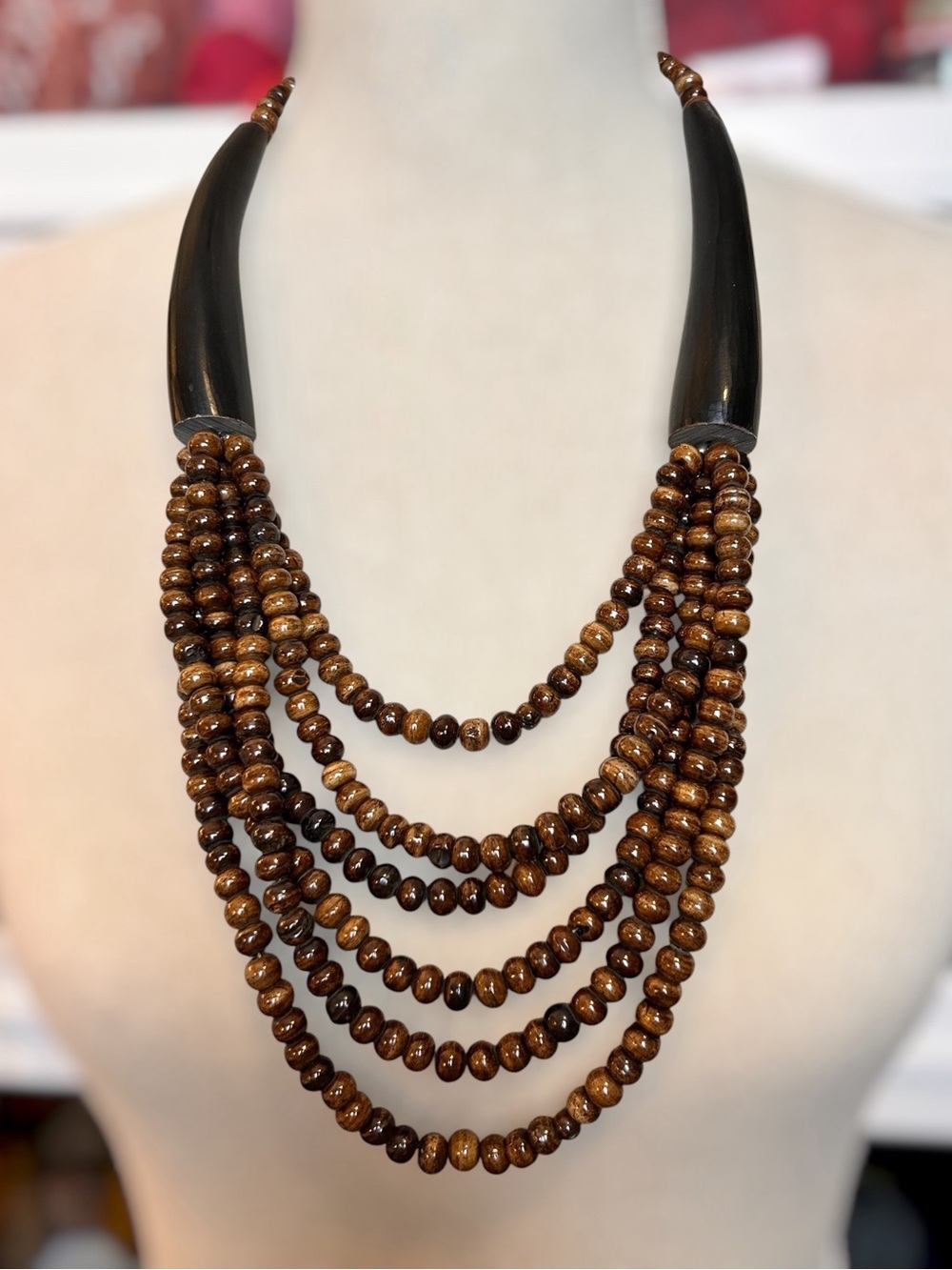 Vintage Horn & Wood Multi-Strand  Necklace, Tribal-Meets-Modern Boho Artisan